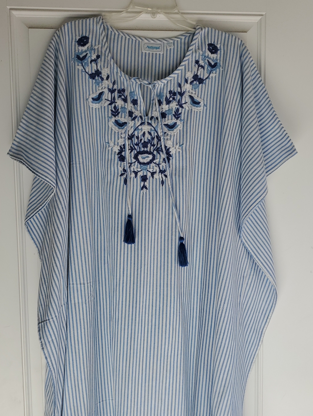 Edwardian Kaftan Embroidered Plus Size Blue White Striped One Size Tassels